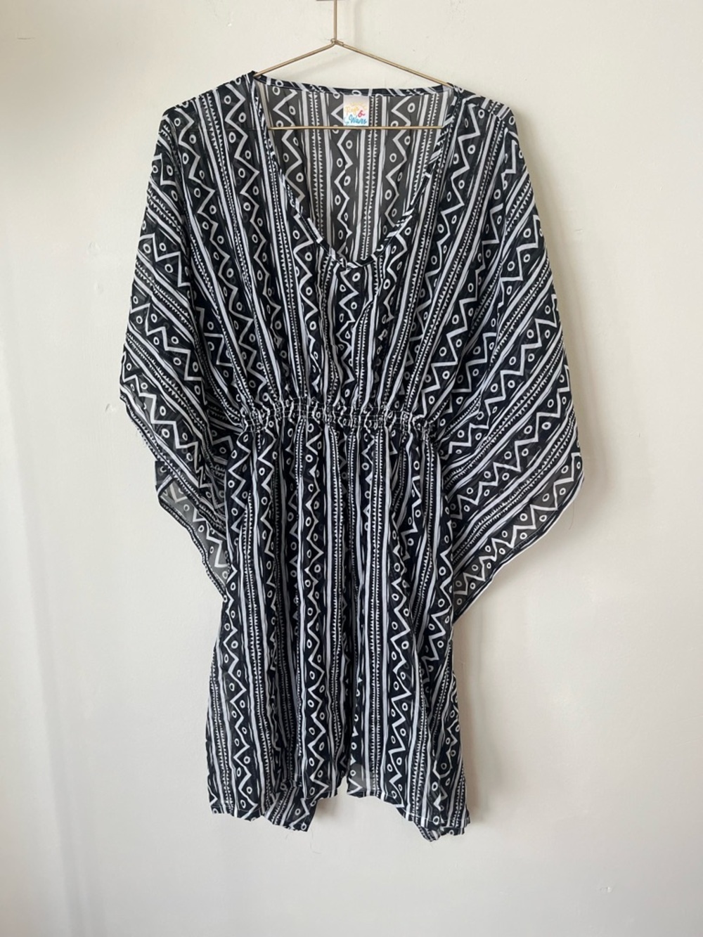Black & White abstract neutral beachy Printed Swim Cover-Up Kaftan M/L